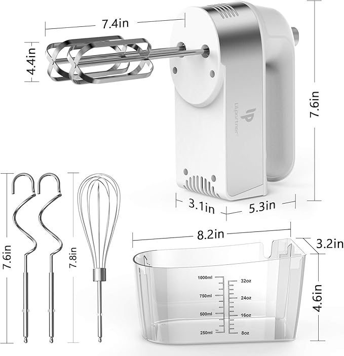 Hand Mixer Electric, 450W Kitchen Mixers with Scale Cup Storage Case, Turbo Boost/Self-Control Speed + 5 Speed + Eject Button + 5 Stainless Steel Accessories, For Easy Whipping Dough,Cream,Cake
