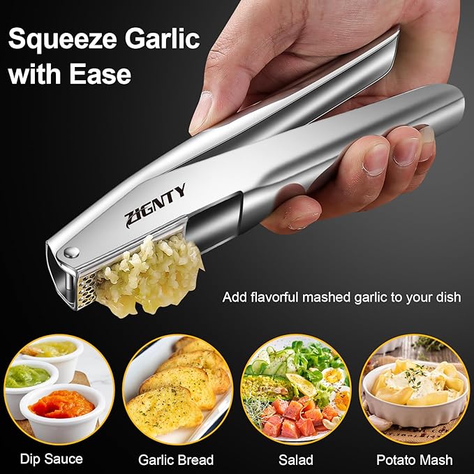 Professional Garlic Press Stainless Steel，No Need to Peel Garlic Mincer Tool with Large Trough, Dual Lever-Assisted Garlic Presser & Masher Easy Clean, Garlic Crusher Dishwasher Safe Rust Proof