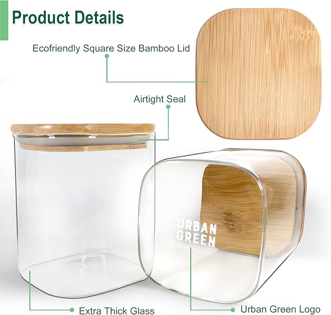 Urban Green Glass Jars with Bamboo Lids, Square Glass Jar with airtight lids, 6 pack of 28oz, Food Storage Containers with bamboo lids, Panty Jars