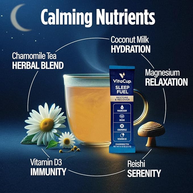 VitaCup Sleep Fuel Instant Tea Packets for Deep REM Sleep, Relax & De-Stress w/Chamomile, Magnesium, Vitamin D3, Coconut Water, Coconut Milk, Potassium, Calming for Full Body Relaxation, 24Ct