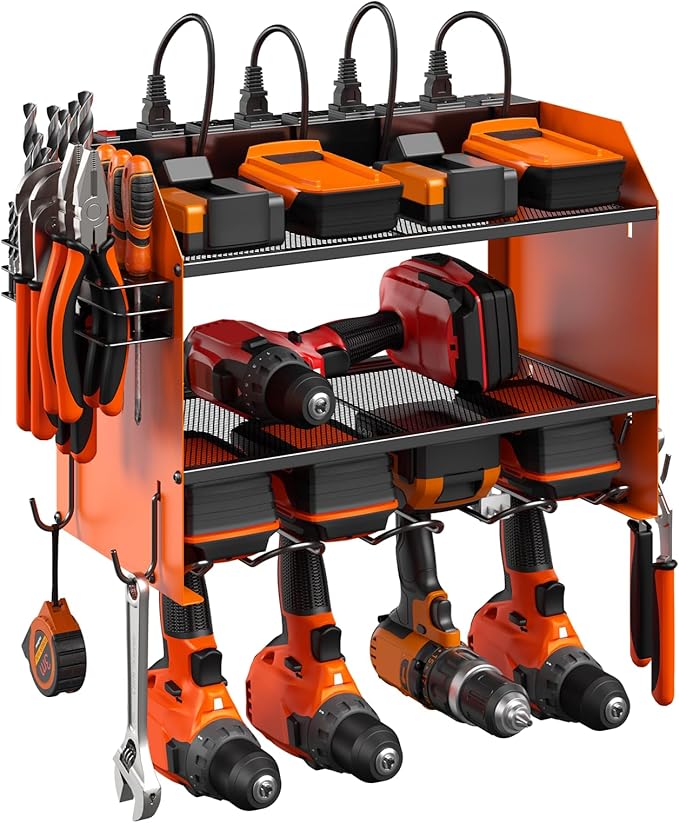 CCCEI Modular Power Tool Organizer Wall Mount with Charging Station. Garage Drill Storage Shelf with Hooks, Heavy Duty Rack, Tool Battery Holder Built in 8 Outlet. Gift for Men. Orange, 2 Pack.