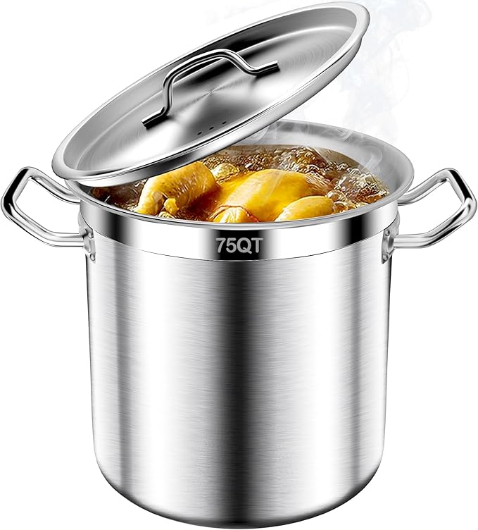 Large Stock Pot -75QT Stainless Steel Stockpot with Lid, Heavy Duty Tri-Ply Bottom Commercial Grade Stock Pot & Stockpots for Boiling Cooking Soup Stew Canning Cookware Sauce Cooking Pots