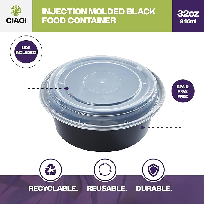 CIAO! Heavy Weight 32oz Injection Molded Microwavable Black Round Food Container with Lid (150/case)