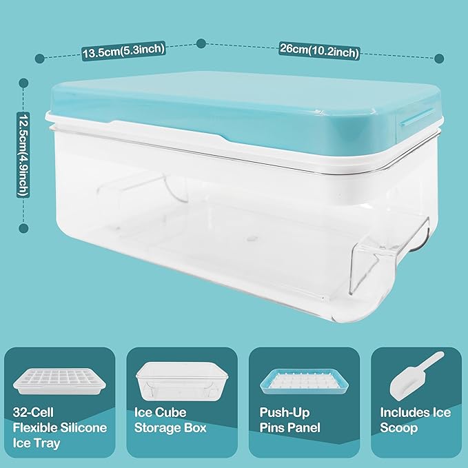 Satax Silicone & Plastic Ice Cube Trays with Lids and Bin - Durable, BPA-Free, Easy Release, Perfect for Cocktails, Coffee & More (1, blue)