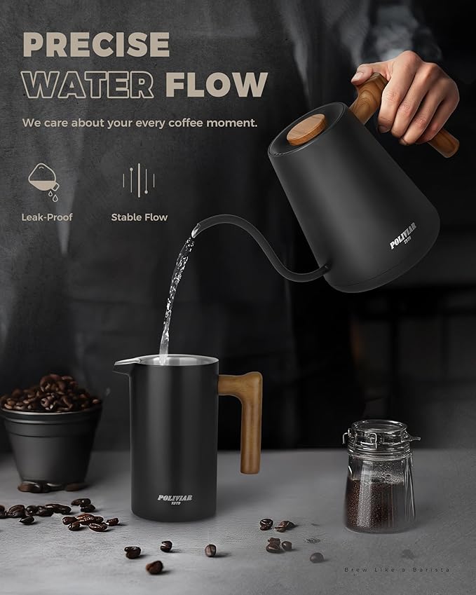POLIVIAR Electric Gooseneck Kettle, 1350W Electric Tea Kettle Wood Pattern Handle, 34oz Pour Over Electric Kettle for Coffee & Tea, 18/8 Stainless Steel Inner, Temperature Control & Rapid Heating