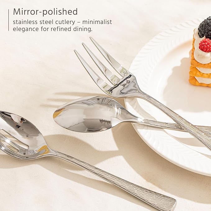 KINGSTONE Hammered 8-Piece Serving Utensil Set, 18/10 Stainless Steel Flatware for Catering, Party Include Spoons, Slotted Spoon, Fork, Butter Knife - Mirror Finish & Dishwasher Safe