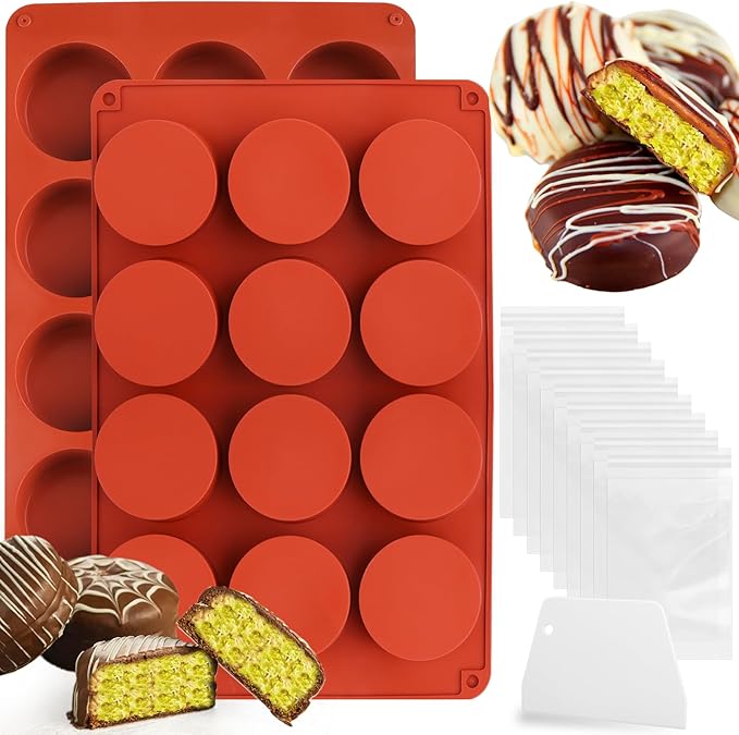 Mity rain Chocolate Bar Mold Deep, Silicone Dubai Chocolate Bar Pistachio Molds with Bags Scraper, Round Fix Chocolate Bar Dubai Candy Bar Mold for Filling Knafeh Pistachio Cream（2pc）