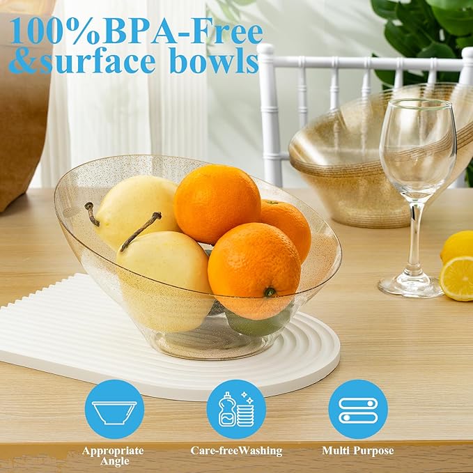 BESTVIP 54oz Clear with Gold Glitter Serving Bowls for Party - 12 Pack Angled Disposable Serving Bowls for Chips, Snacks, Fruit, Salad - Decorative Catering Bowls for Daily Use,Halloween, Christmas