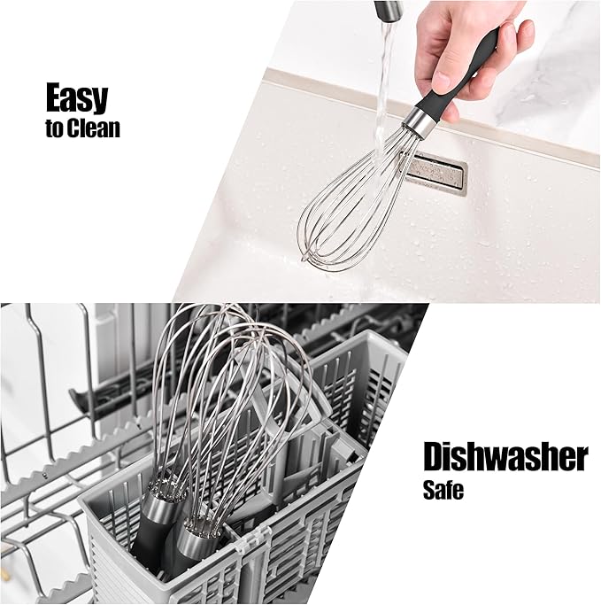 18/8 Stainless Steel Balloon Whisk, Doosu Kitchen Whisk for Cooking Handheld Egg Beater with Rust-Proof Sturdy Wires & Non-Slip Silicone Handle for Beating, Stirring, Blending (6 Wires, Black)