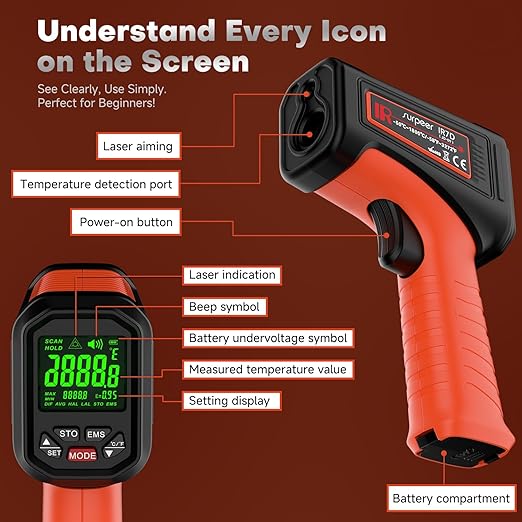 '-58℉~3272℉ Infrared Thermometer IR Gun, High-Temp Digital Temperature Gun, 50:1 Non-Contact Pyrometer for Kiln, Forge, Furnace, Engine, HVAC & Industrial Applications