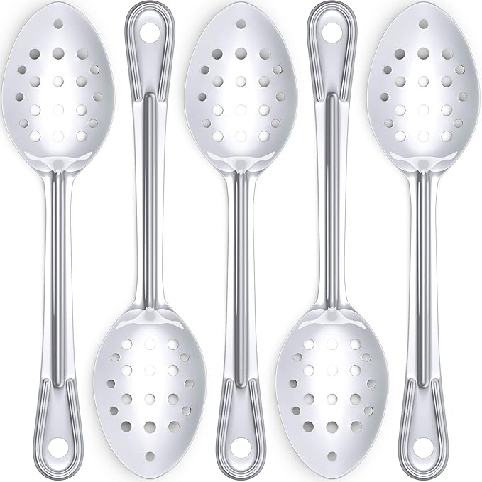 Super Strong, Ergonomic 11 in Serving Spoon 5 Pk. Big, Perforated Stainless Steel Spoons for Cooking, Baking and Basting. Best Kitchen Flatware for Buffet and Banquet Service in Restaurants and Homes
