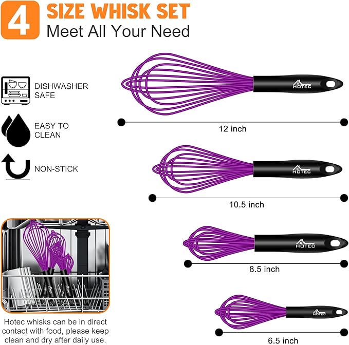 HOTEC 4 Pieces Silicone Whisks for Cooking, Wire Balloon Whisks Egg Beater, Non-slip Handle Whisk for Non-stick Cookware Perfect for Cooking, Stirring, Beating and Blending (Purple)