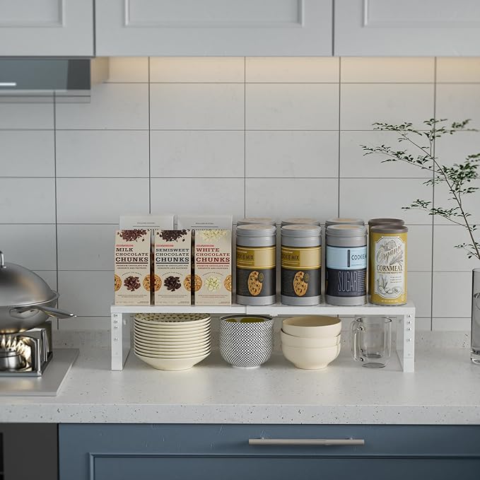 Expandable Spice Rack Kitchen Cabinet Shelf Organizer, Stackable Storage Shelves Racks, Adjustable Counter Shelving for Cabinets, Countertop, Cupboard,Pantry and More(1Pack/White/Large)