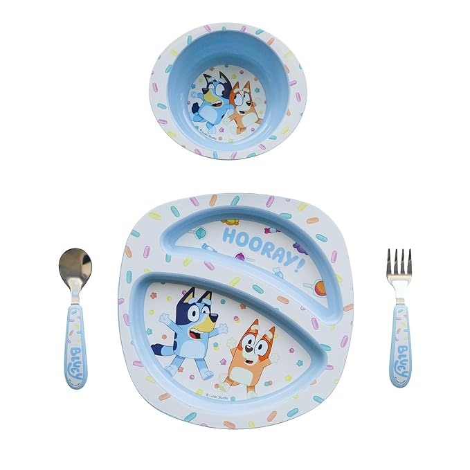 The First Years Bluey 4-Piece Place Setting - BPA Free Dishwasher Safe Toddler Dinnerware Set with Divided Plate, Bowl, Fork, Spoon - Multicolor