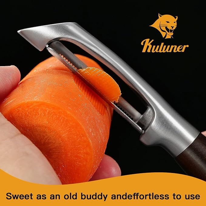 Serrated Blade Premium I Type 304 Stainless Steel Multifunctional Kitchen Peeler Real Wood Handle Ultra Sharp Blade Vegetable Potato Apple(Carbonized Wood)