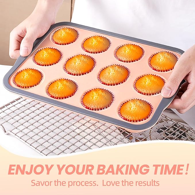 12-Cup Silicone Muffin Pan for Baking - Premium Nonstick Muffin Tin with Metal Reinforced Frame, Easy to Clean Silicone Cupcake Molds, Dishwasher & Oven Safe BPA Free