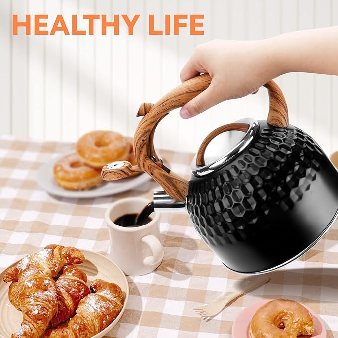 Whistling Teapot, 2.6 Qt 304 Food Grade Stainless Steel Tea Kettle with Heat-resistant Handle, Durable, not Rust，One-button Switch(BLack）