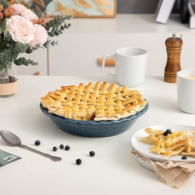 Fun Elements Pie Pan, 9 Inch Ceramic Pie Dish, Deep Dish Pie Pan with Lace Emboss, Ruffled Pie Plate for Baking, Thanksgiving Christmas Gifts, Set of 2, Blue