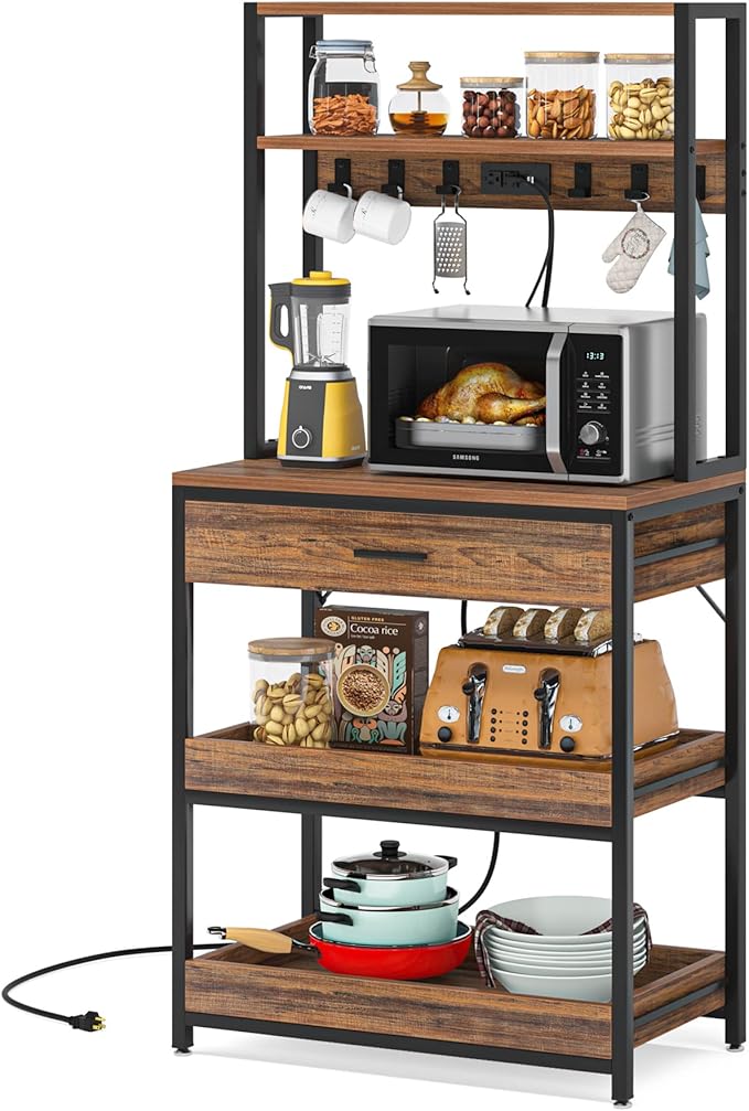 LITTLE TREE Kitchen Baker’s Rack with Power Outlets, Freestanding 5-Tier Microwave Stand with Drawers & Sliding Shelves, Coffee Bar with 6 Hooks for Dining Room Living Room, Rustic Brown