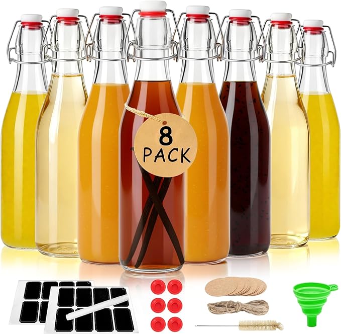 Ruckae 8 Pack 16oz Swing Top Glass Bottles with Air Tight Lids Kombucha Coquito Flip Top Glass Bottle Kefir Syrup Vanilla Extract Beer Brewing Bottles for Gift (16 oz 8 pack)