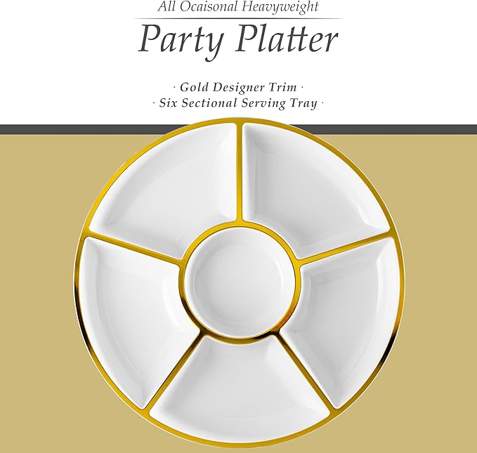 Plasticpro 6 Sectional Round Plastic Serving Tray/Platter (4, White & Gold)