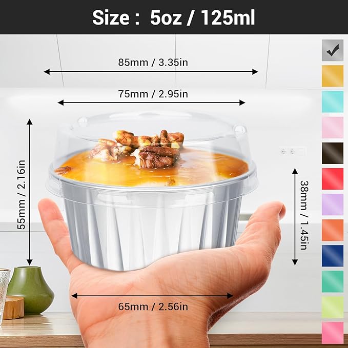 EUSOAR Aluminum Foil Baking Cups, 400pcs 5oz Disposable Mini Ramekins Cupcake Liners with Lids for Baking, Dessert Containers Aluminum Cheesecake Pan Creme Brulee Cup for Oven-Silver