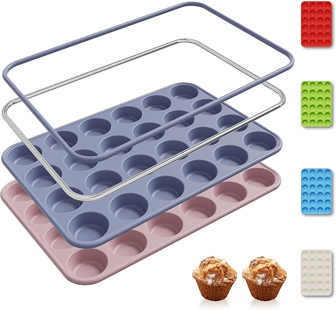 2 Pack 24 Cups Silicone Mini Muffin Pan with Metal Reinforced Frame Silicone Molds Cupcake Pans Tray Egg Bites Circle Cookie Molds Muffin Tin Tart Pans Baking Sheet Set for Breakfast Sandwiches