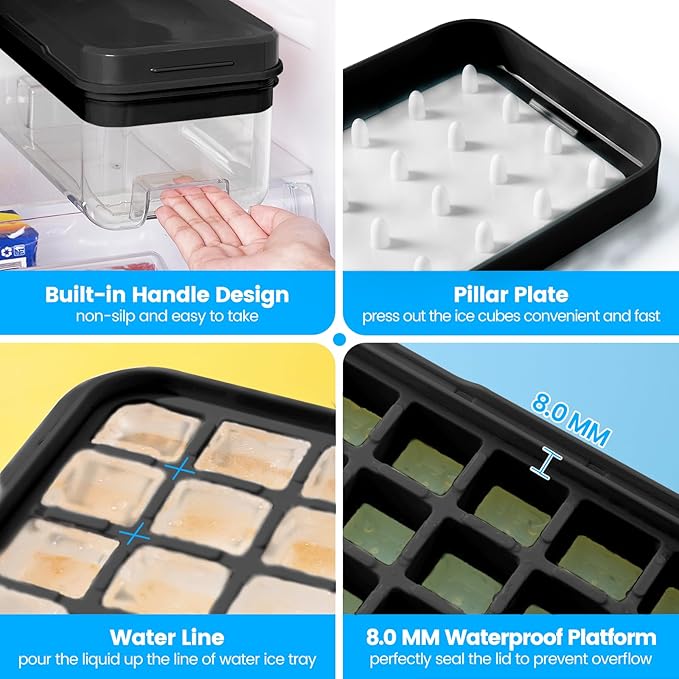Ice Cube Tray with Lid and Bin, PHINOX 64 pcs Ice Trays for Freezer, Ice Cube Trays for Freezer with 2 trays, Container, Lid & Ice Scoop, BPA Free, Black