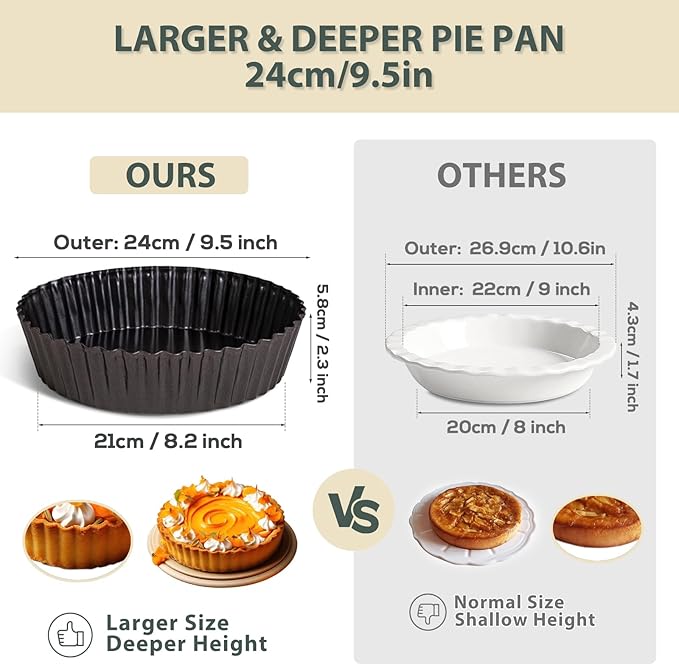2 Pack 9.5 inches Pie Pan with Removable Bottom for Baking, Deep Quiche Tart Pan Non Stick for Oven, Fluted Pie Dish Plate Tin for Apple, Pot Pies, Cheesecakes and Desserts