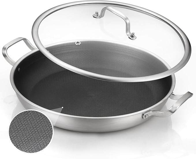 DELARLO Skillet With Lid,Tri-Ply Stainless Steel Pan,12 Inch Non Stick Paella Pan,Skillets And Frying Pans,Nonstick skillet Kitchen Oven Safe Skillet,Heavy Duty Style