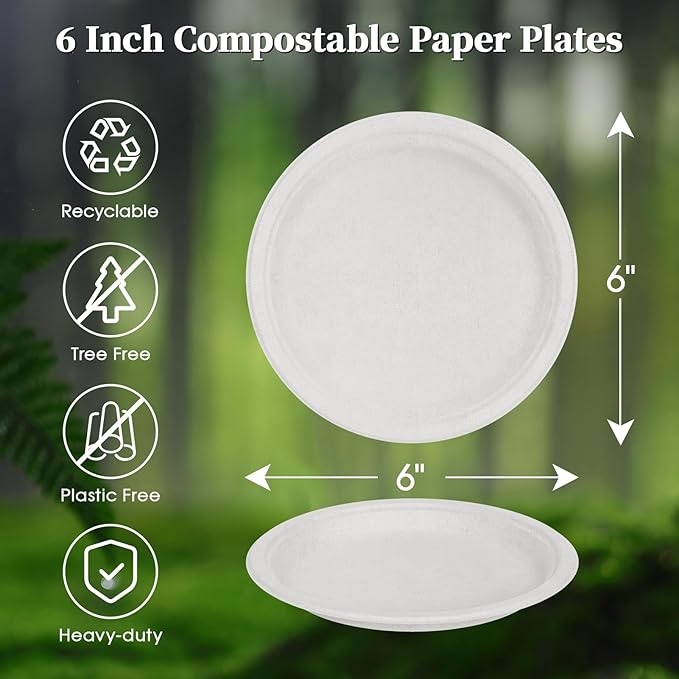 ECOLipak 6 Inch Disposable Compostable Small Paper Plates, 500 Pack Recycled Sugarcane Bagasse Biodegradable Heavy Duty Mini Dinner Appetizer Cake Dessert Plates for Party(White)