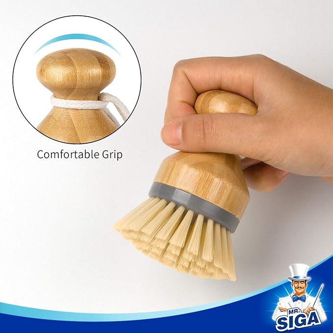 MR.SIGA Bamboo Palm Brush, Scrub Brush for Dishes Pots Pans Kitchen Sink Cleaning, Pack of 2