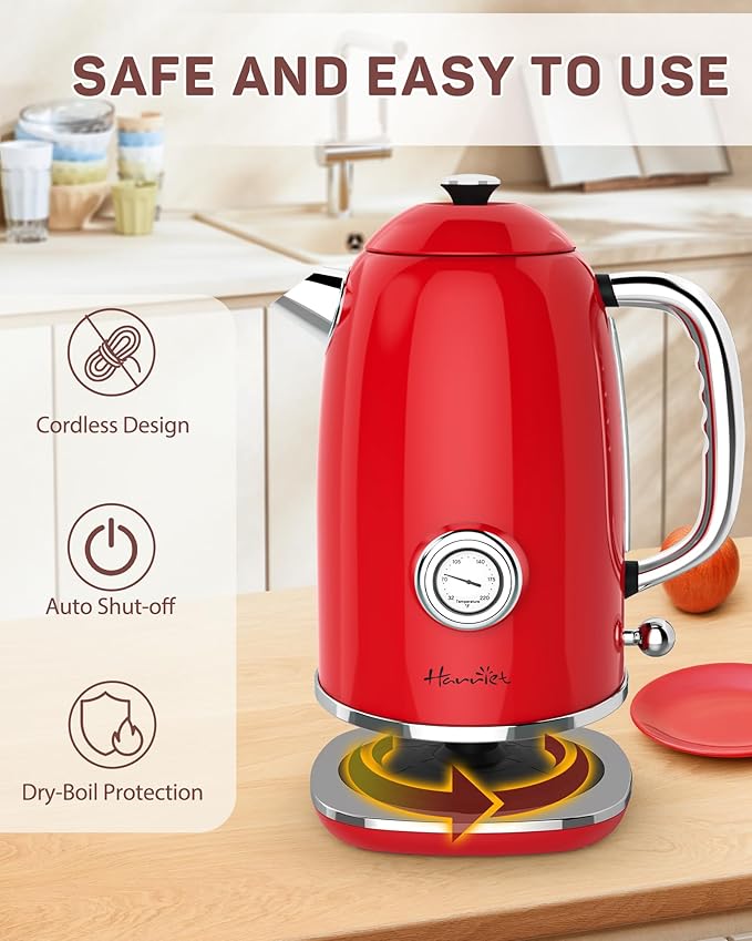 Harriet Electric Kettle, 1.8L Retro Electric Tea Kettle with Thermometer, 1500W Stainless Steel Hot Water Kettle Electric with LED Indicator, Fast Boiling, Cordless, Auto Shut-Off, Red