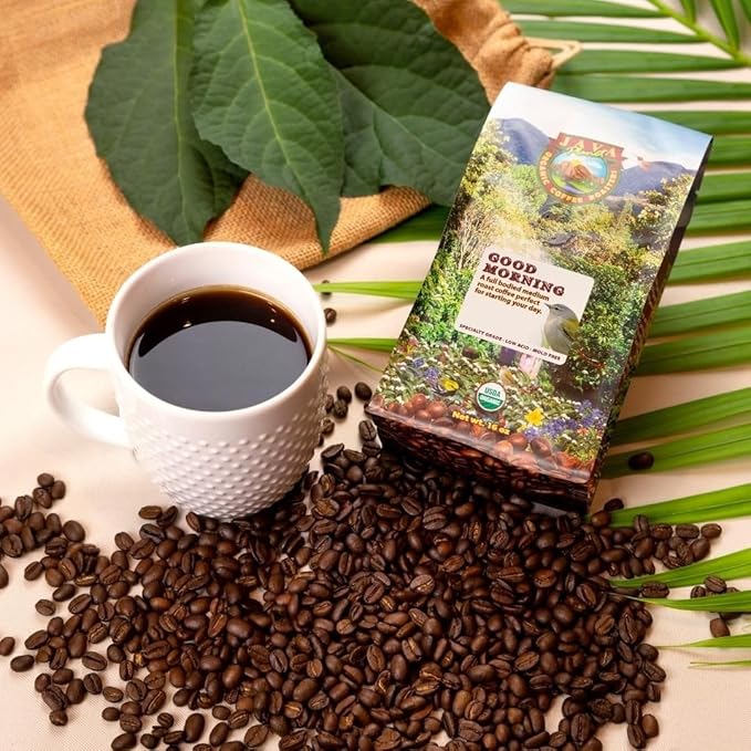 Low Acid Organic Coffee – Whole Bean, Mold-Free & Stomach Friendly by Java Planet, Good Morning Blend Coffee, Medium Roast, Smooth Full Flavored, 1LB Bag