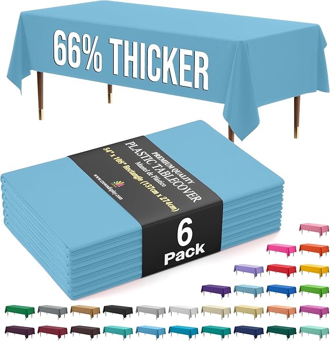 Exquisite 66% Thicker Premium Plastic Table Cloth Rectangle Table Cover 0.5 Mil 6 Pack Sky Blue Table Cloth 54 Inch x 108 Inch Disposable Tablecloth Won't Tear Easily Like Cheap Thin Brands