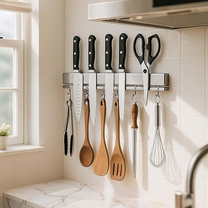 17 Inch Magnetic Knife Holder for Wall, Adhesive Knife Magnetic Strip No Drilling with 12 Hooks, Powerful Magnetic Knife Strip, Magnetic tool Holder for Kitchen Knives & Utensils (Silver)