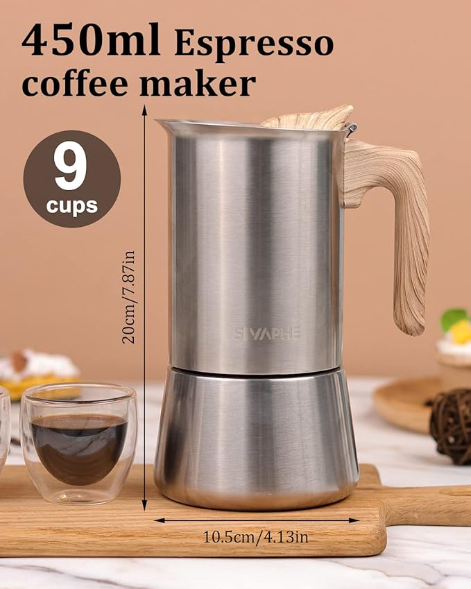 Sivaphe Stovetop Espresso Maker Stainless Steel 9 Cups, Induction-Capable Mocha Pot 450ml, Coffee Percolator with Replacement Silicone Gasket Steel Filter and Instructions (1 Cup=50ml)