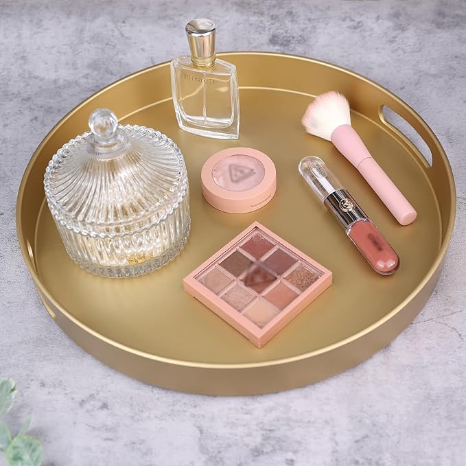 Round Gold Decorative Serving Tray with Handles, 13” Versatile Ottoman Tray for Coffee Table, Entertaining, Outdoor Patio, Living Room