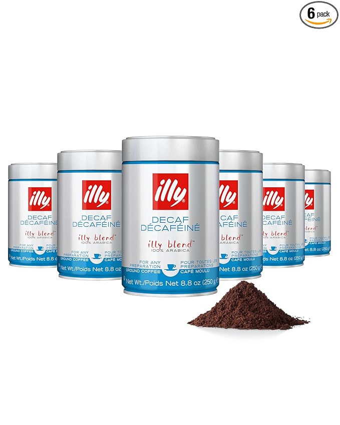 Illy Ground Espresso Coffee, Decaffeinated - Medium Roast - Mild & Balanced - 100% Arabica - Pressurized Packaging Sealed for Freshness - 8.8oz (Pack of 6)