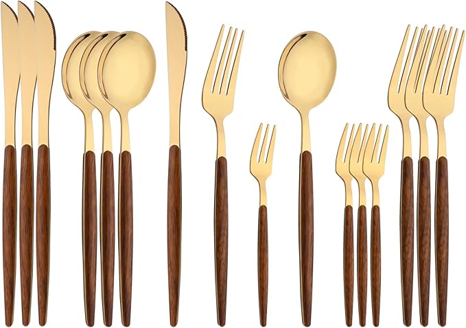 16-Piece Silverware Set with Cake Fork, Gold Stainless Steel Flatware Cutlery Set, Eating Utensils Set with Wooden effect Handle, Include Knife Fork Spoon, Mirror Polished, Dishwasher Safe