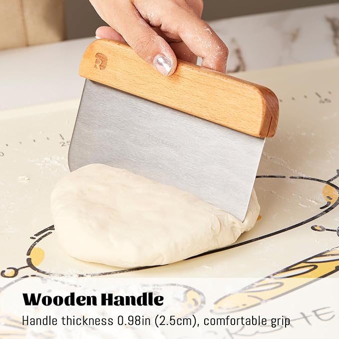 Bench Scraper & Chopper, Stainless Steel Dough Cutter with Wooden Handle, Thick Sharp Blades Pizza Bread Cutter, Multipurpose Kitchen Tool for Baking Cooking