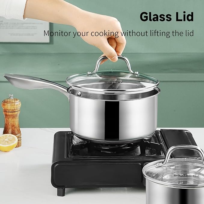 1Qt & 2Qt & 3QT Stainless Steel Sauce Pan Set with Lid,6 Pcs Non Stick Saucepan,Small Kitchen Pots,Induction Compatible,PFOA FREE