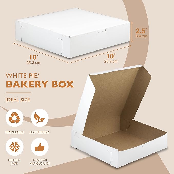[25 Pack] White Pie Boxes 10x10x2.5" Square Bakery Boxes for Cookies, Cheesecake, Chocolate Covered Strawberries, Dessert, Macaroon, Bread Bulk Paper Cardboard Sweet Boxes for Surprises and Pastries