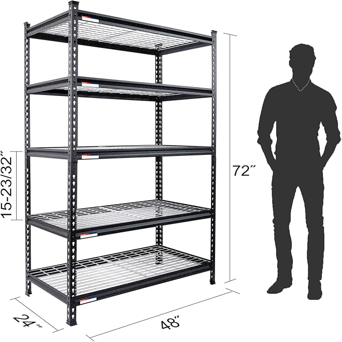 WORKPRO 5-Tier Metal Storage Shelving Unit, 48”W x 24”D x 72”H, Adjustable Storage Rack Heavy Duty Shelf, 4000 lbs Load Capacity (Total), for Garage, Kitchen, Bathroom, Warehouse, Black/Sliver, 2 Pack