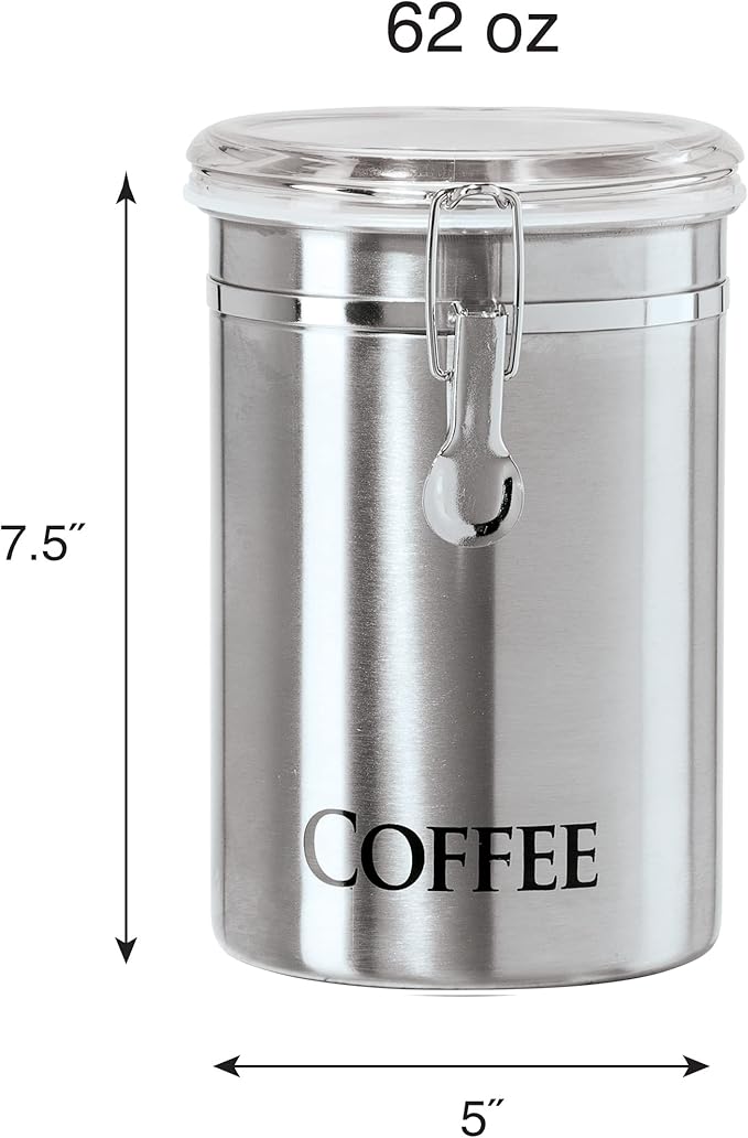 Oggi Stainless Steel Coffee Canister 62 fl oz - Airtight Clamp Lid, Clear See-Thru Top - Ideal for Coffee Bean Storage, Ground Coffee Storage, Kitchen Storage, Pantry Storage. Large Size 5" x 7.5".