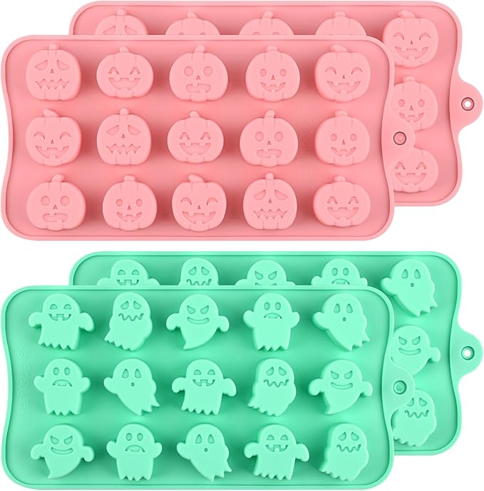 Actvty Halloween Candy Mold Silicone Chocolate Molds, 4 Packs Pumpkin Molds and Ghost Molds for Making Chocolate, Jelly, Gummy, Snack, Wax Melt, Ice Cubes, Cake Decor