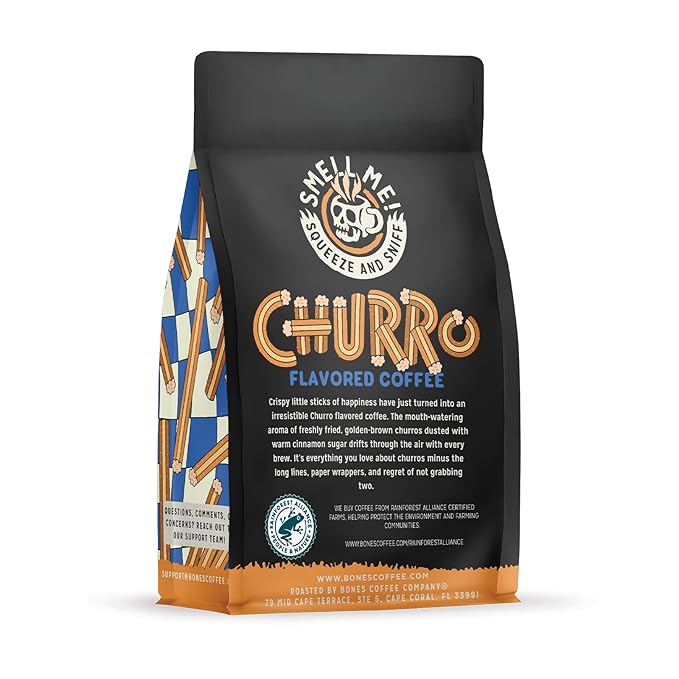 Bones Coffee Company Churro, Sweet Sugary Cinnamon Flavored Coffee, Medium Roast Low Acid Arabica Beans Compatible with Auto drip and French Press Coffee Maker, 12 Oz Ground