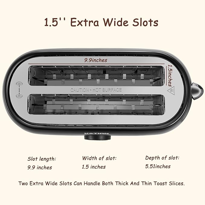 Toaster 4 Slice,KOTIAN Retro Long Slot Toasters with Countdown Timer,Stainless Steel Toaster,Bagel,Defrost,Reheat,Cancel Functions,Extra Wide Slots,6 Toast Settings,Removable Crumbs Tray,Matte black