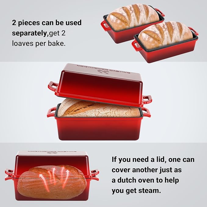 9x5 Inch Enameled Cast Iron Loaf Pan with Lid, Perfect Bread Baking Pan | Even Heat Distribution for Homemade Bread, Cake, Meatloaf，2 Piece set，Red