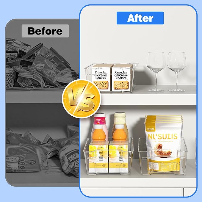 Clear Refrigerator Storage Bins, 8-Piece Set, Stackable Kitchen Organizer Containers for Fridge and Pantry (Clear 8 Pack-12.4"*6.1"*3.4")
